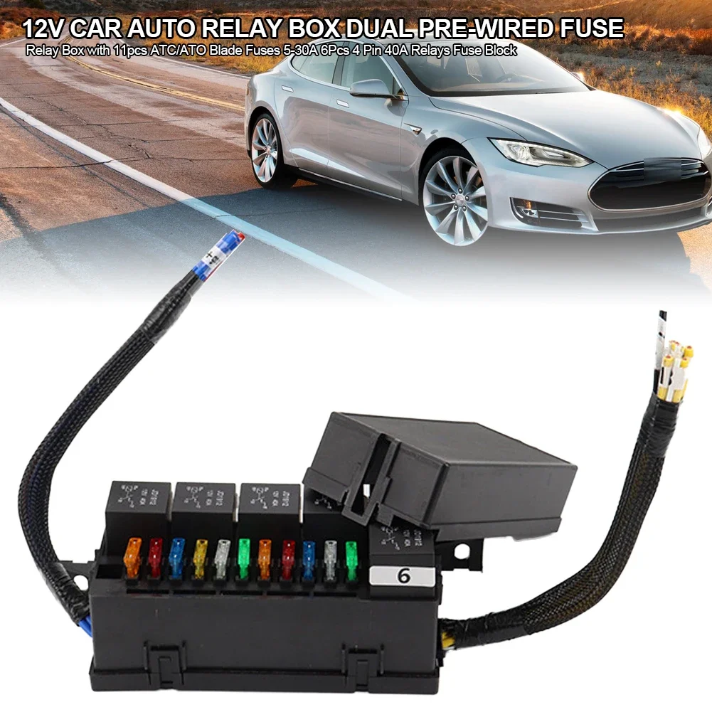 

12V 40A Car Auto Relay Box Dual Pre-Wired Fuse and Relay Box with ATC/ATO Blade Fuses 5-30A 4 Pin 40A Relays Fuse Block