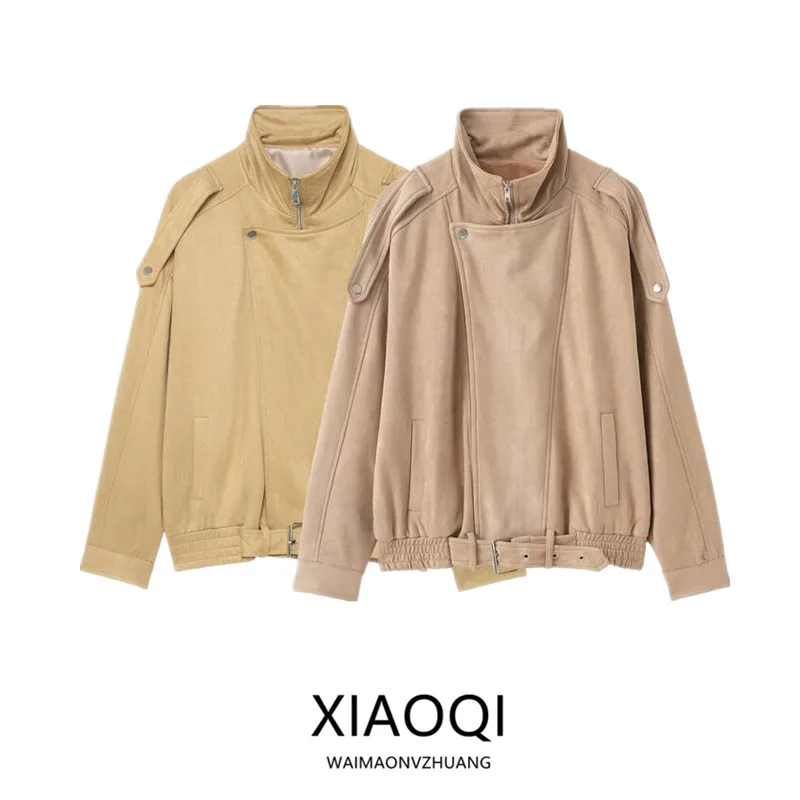 Faionable camurça longa sve zíper jaet feminino fino ajuste gola outerwear nova chegada inverno 2025 comute sle