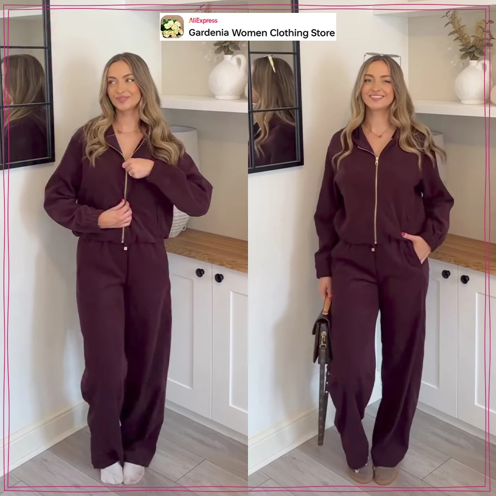 

Women's Baisc Sports Pant Sets Autumn Casual Comfy Tracksuit Zippered Bomber Jacket with Hood Matching Drawstring Wide Leg Pants