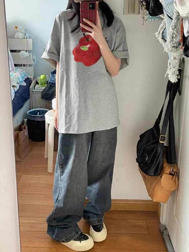 القطن الخالص التفاح الأمريكي تذوب الطباعة الإبداعية قصيرة الأكمام تي شيرت المرأة الصيف تصميم رمادي الجبهة الكتف تي شيرت عادية