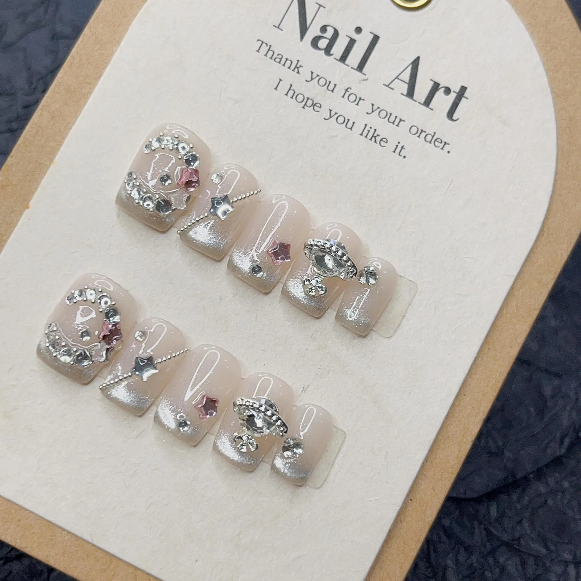 Handmade Press On Nails Star Moon Myth Short French Crystal Cat Eye Fluorescent with Dreamy and Elegant Design for Fairy Style