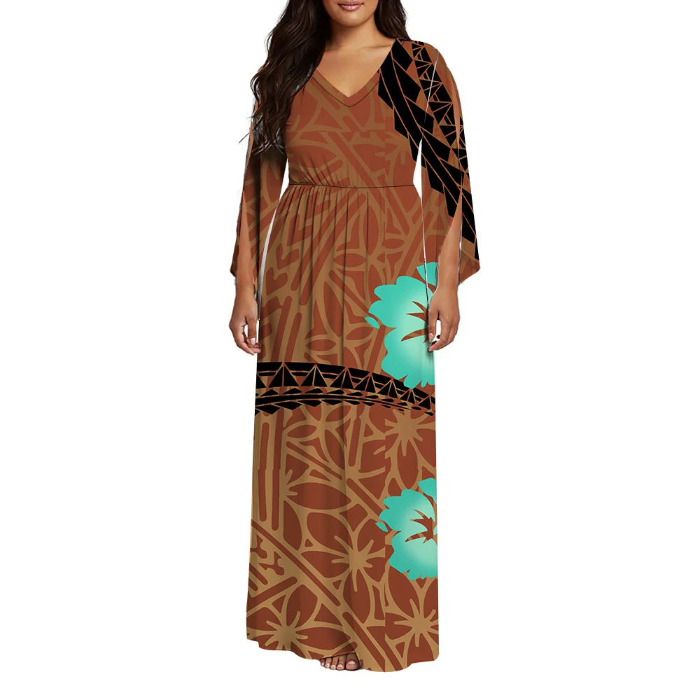Customizable Pattern Printed Polynesian Wholesale V-Neck Butterfly Sleeve Fitted And Wide-Leg Dress Elegant Long Dress
