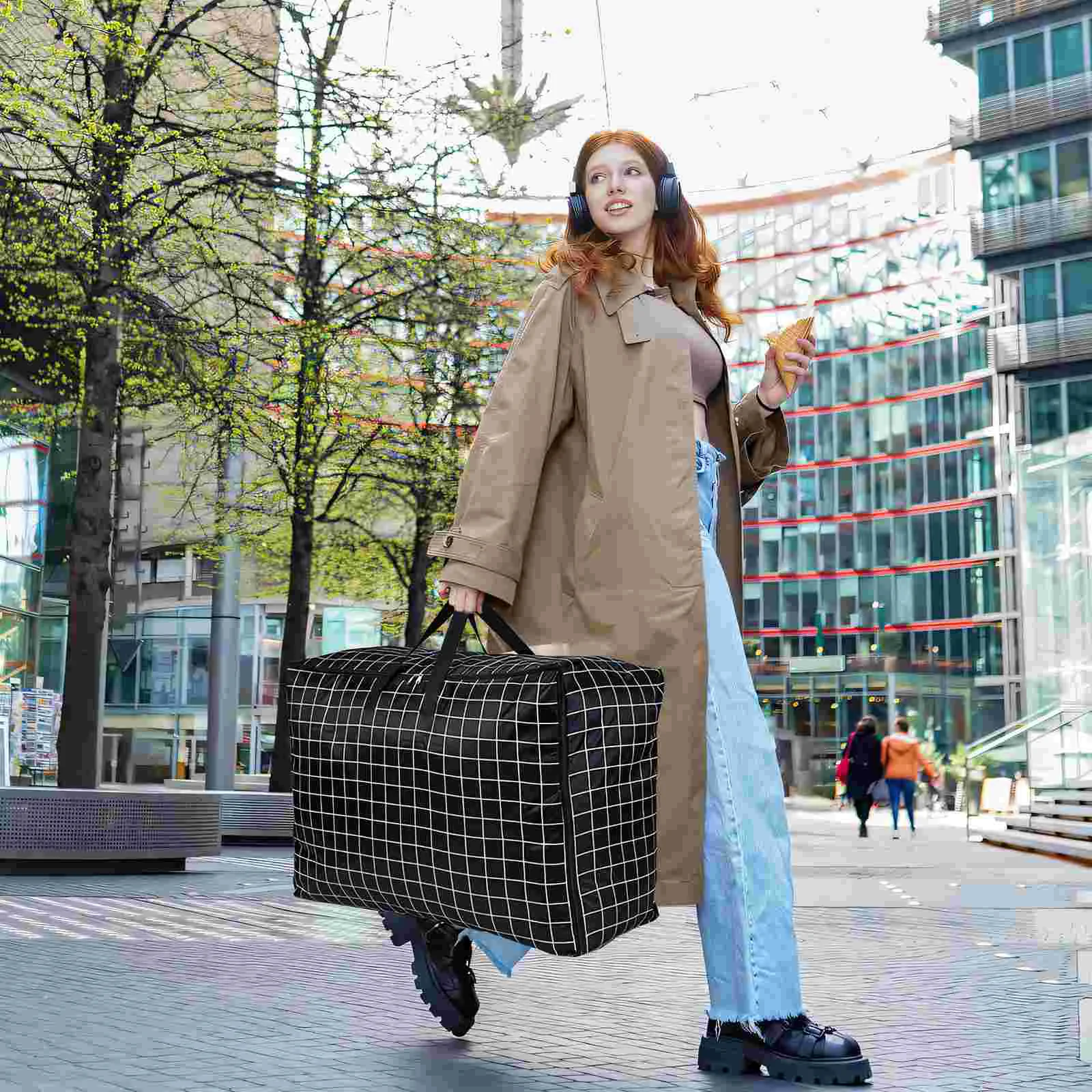 Sacs de rangement robustes en tissu Oxford, 2 pièces, 75x50x30cm, sac mobile de grande capacité à rayures noires et blanches pour couvertures, vêtements de literie