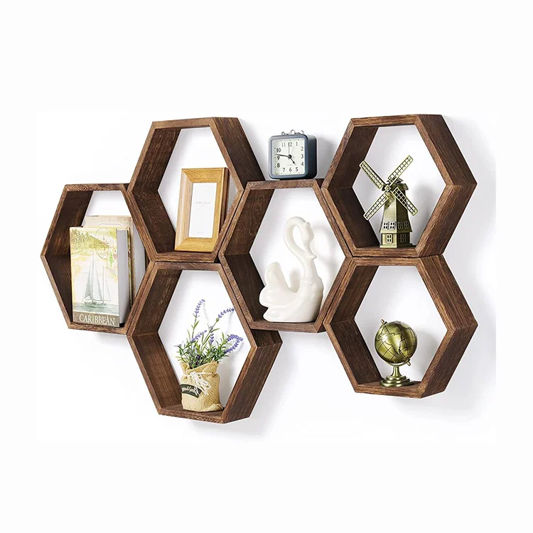 High Quality Wooden Wall Hexagon Floating Wall Mounted Storage Honeycomb Racks Shelves for Decor