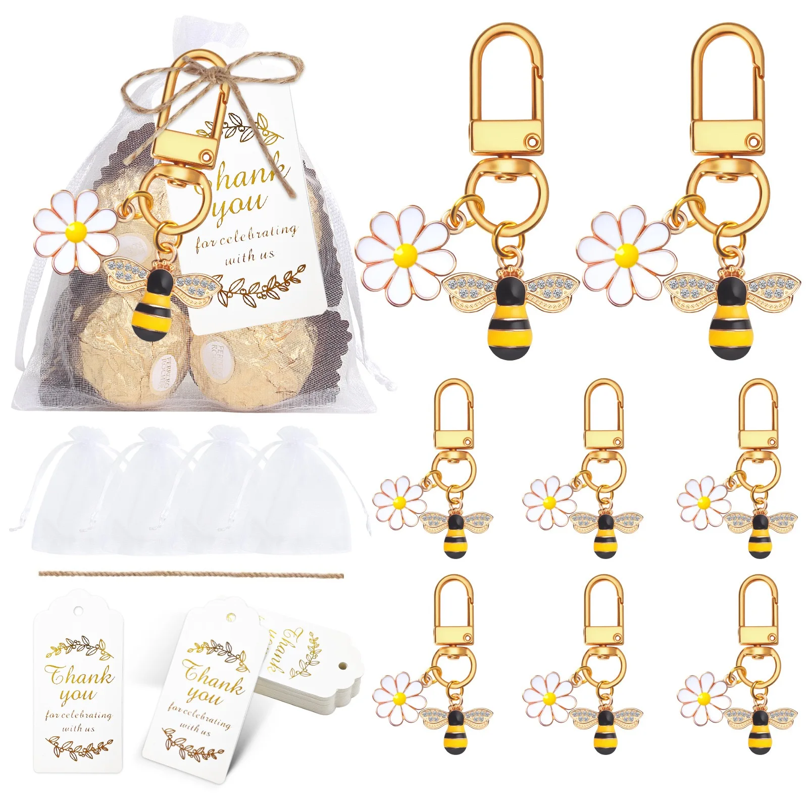 

10 Sets Bee Flower Keychains With Kraft Tags Organza Bags Wedding Baby Shower Guest Souvenir Elegant Party Return Favors Gifts