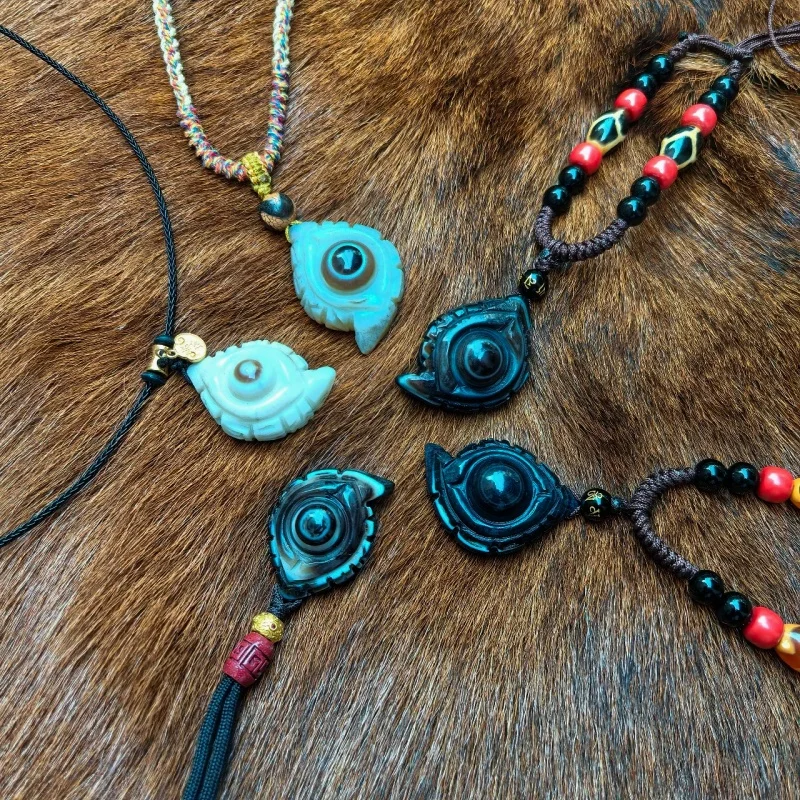 Natural Agate Colorful Carving Longevity Turtle Shell Sky Eye Dzi Bead Pendant Necklace Weaving Short Necklace Free Shipping