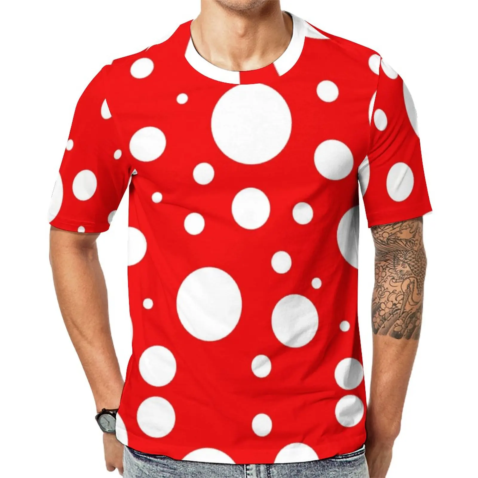 

Red White Polka Dot T-Shirt Kusama Yayoi Inspired Man Retro T Shirts Summer Printed Tee Shirt Short Sleeve Classic Oversize Tops