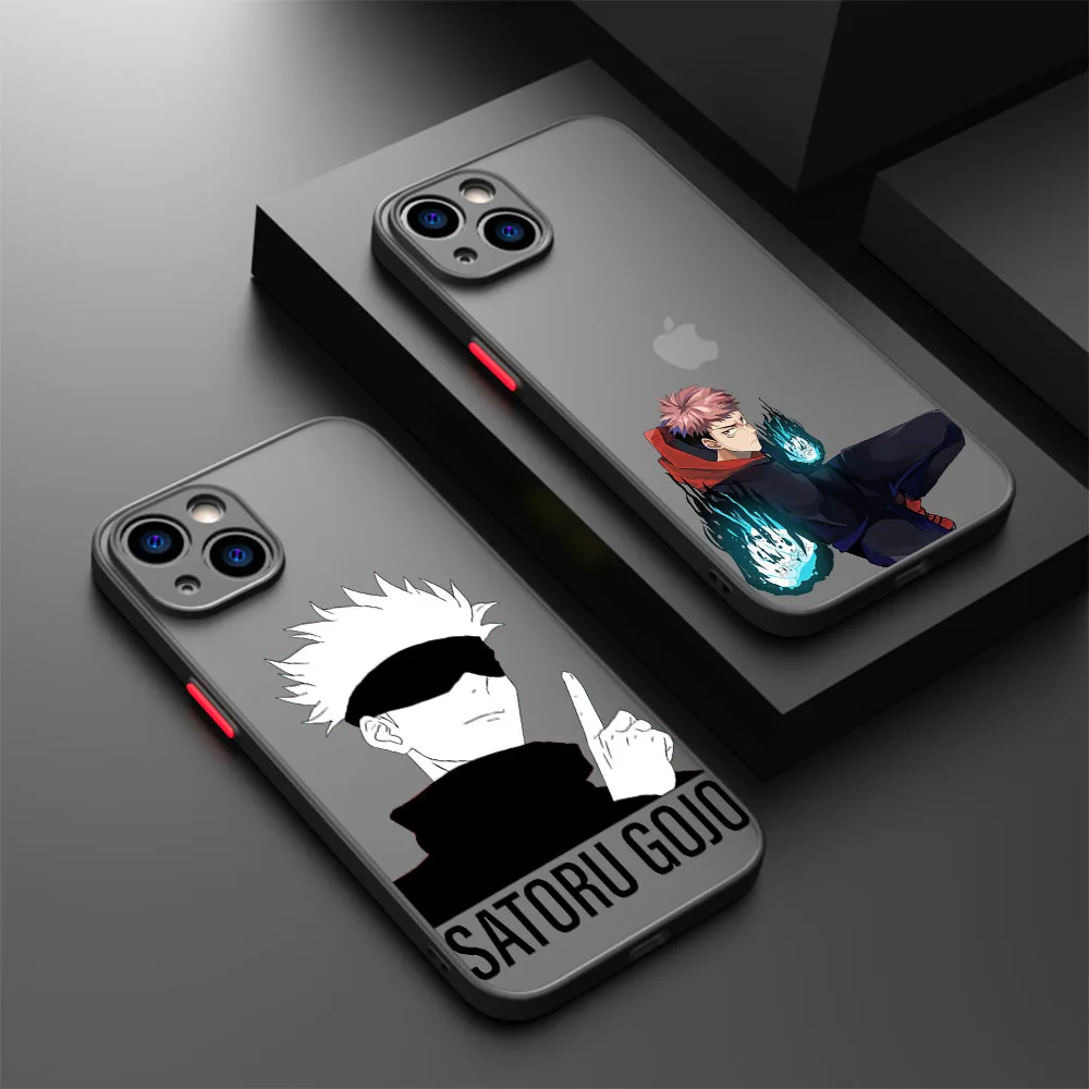 Frosted Translucent Phone Case For iPhone 16 15 14 Pro Max 7 8 16 Plus 11 12 13 Mini X XSMax Jujutsu Kaisen Cartoon Black Cover