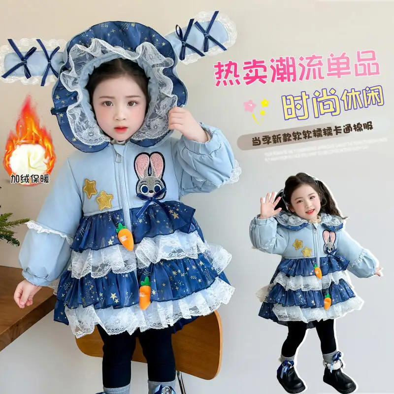 

Детская бархатная хлопковая куртка с капюшоном в стиле Лолиты из мультфильма аниме, зимняя новая модная толстая теплая куртка с кружевными краями для девочек, милое удобное пальто