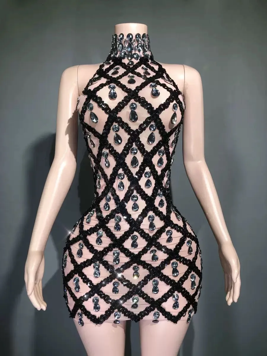 Luxury Sparkling Diamonds Mesh Sexy Throug Mini Dress Fashion Woman Birthday Party Dress Stage Performance Costume