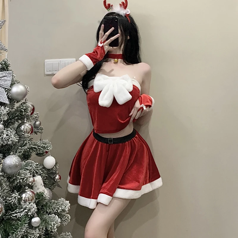 

Santa Claus Costume New Womens Santa Suit Christmas Lolita Fancy Dress Xmas Cosplay Mrs. Claus Costume Red Velvet Crop Top+Skirt