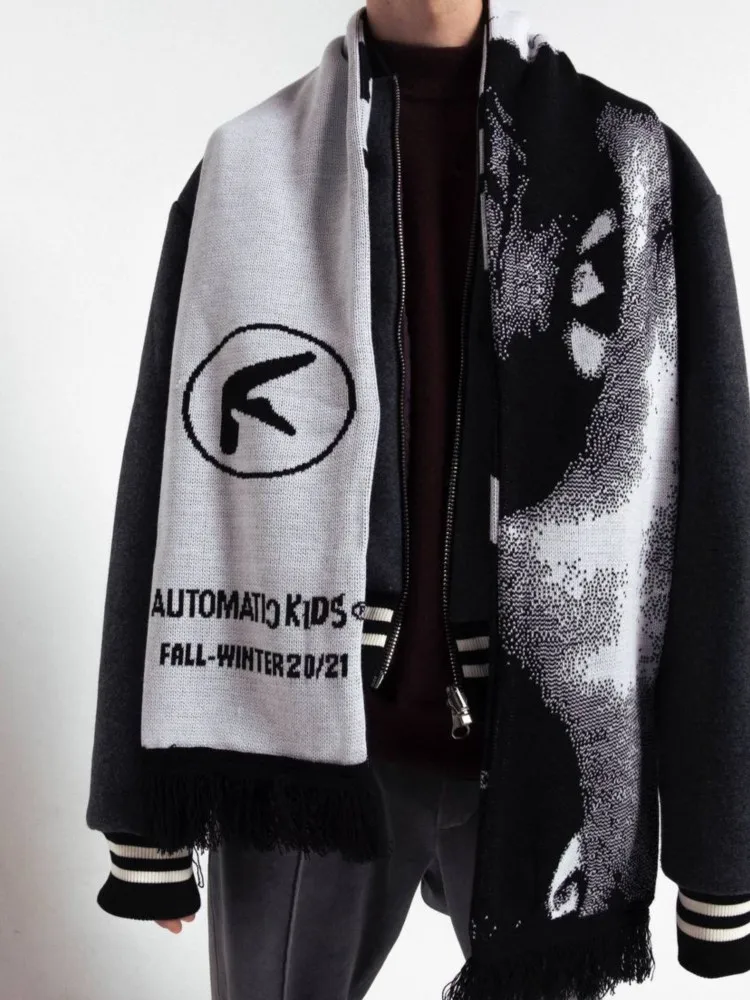 Korean Harajuku Hip Hop Punk Warm Unisex Accessories Women Scarf Winter Y2k Streetwear Black Knit Aphex Twin Goth Shawl Scarves