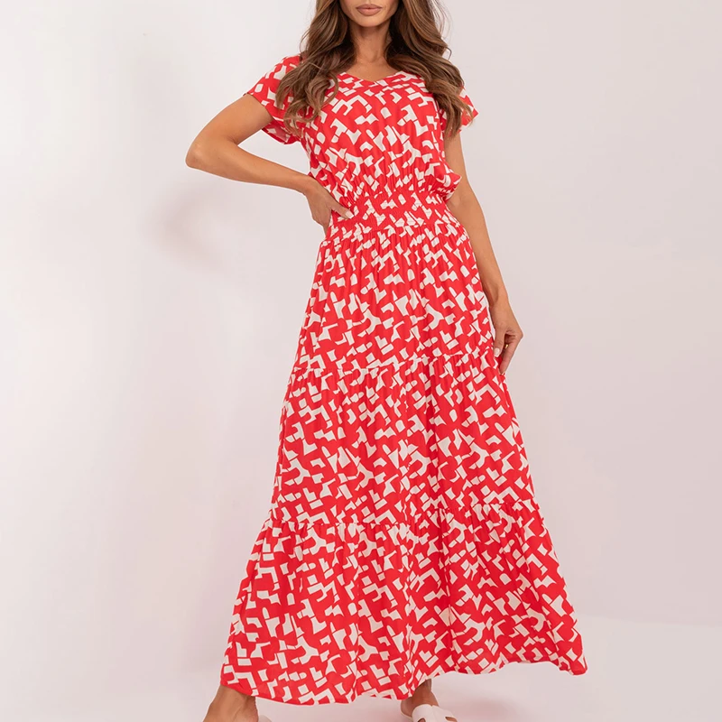 New Floral Print High Waist Women's Dress Elegant V-neck Short Sleeved Summer Dress Casual Pleated Bohemian Long Dress Vestidos