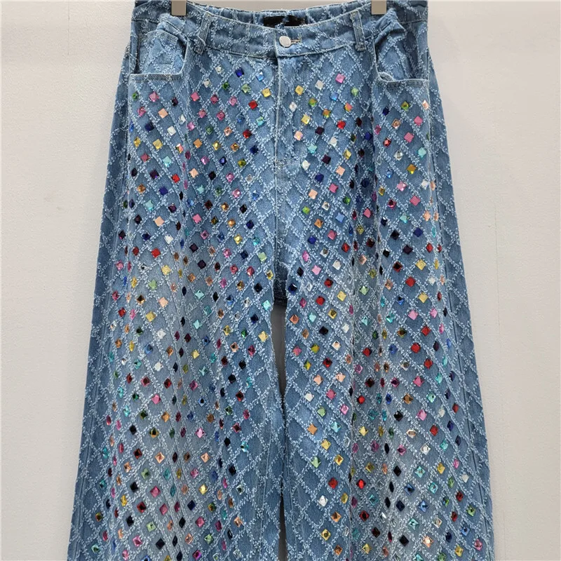 ANJY Herfst Winter Nieuwe Vrouwen Mode Bezaaid Diamanten Argyle Temperament Rechte Jeans Ins High-End Afslanken Denim Broek A15510