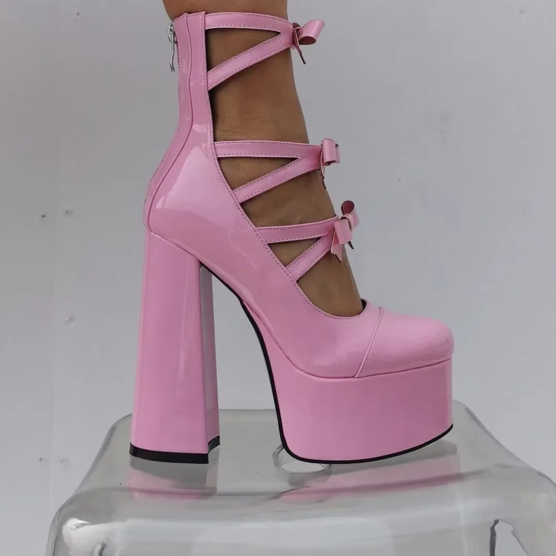 Ladies Pink Platform Boots Rough Square Heel Ankle Boots Cutout Large Size Rear Zipper Pink Bow Decoration Large Size Footwear