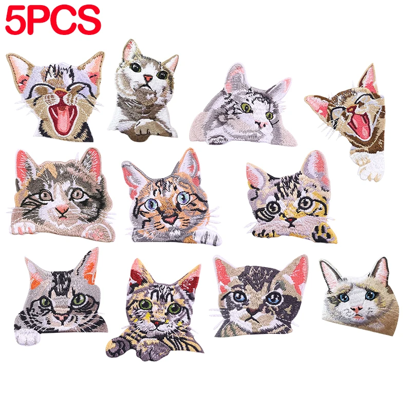 5 Stück bestickte Katzen-Aufnäher für Kleidung, Cartoon-Tier-Aufnäher zum Aufbügeln für Kleidung, Jacken, Stickerei-Aufkleber