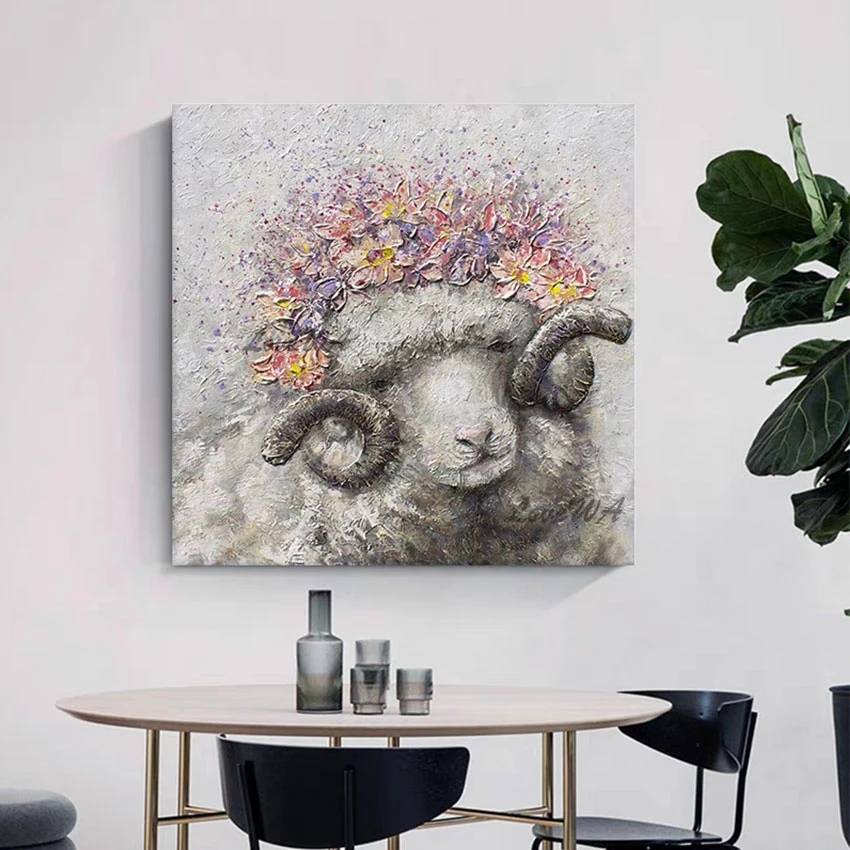 

Abstract Acrylic Flower Wall Frameless Decorative Animal Oil Painting Cute Sheep Modern Canvas Art High Quality Picture Artwork