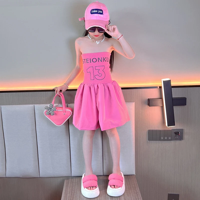 Baby girls clothes Jumpsuit Summer Off shoulder Rompers Shorts tube tops One Piece Shorts Children\'s Suit Wide-leg Short Pants