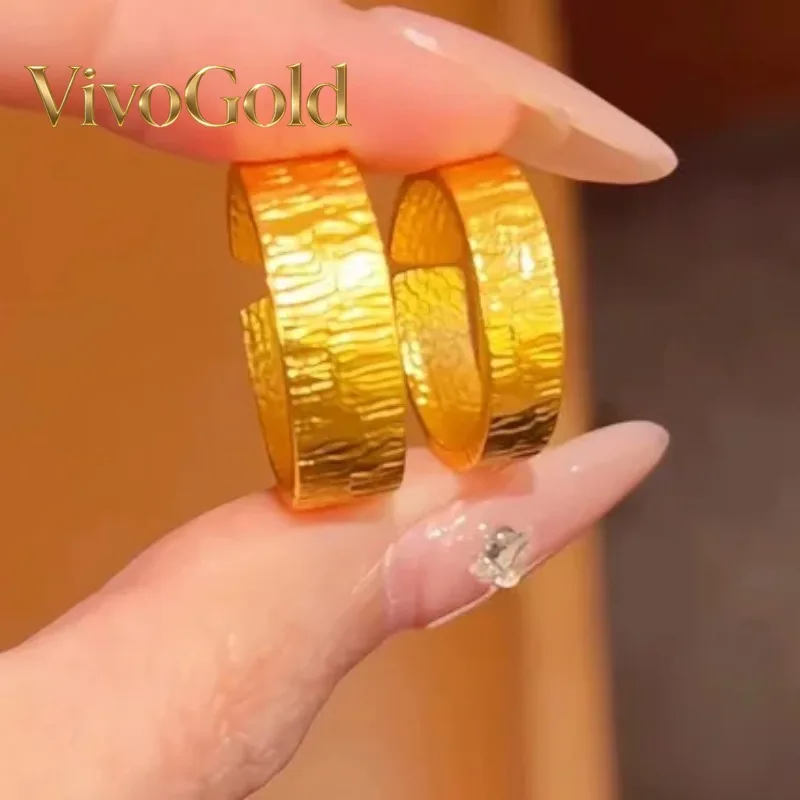 

VivoGoldBark pattern ring bracelet with adjustable opening 9999 24K Real Gold Couple Ring Giving Men and Women