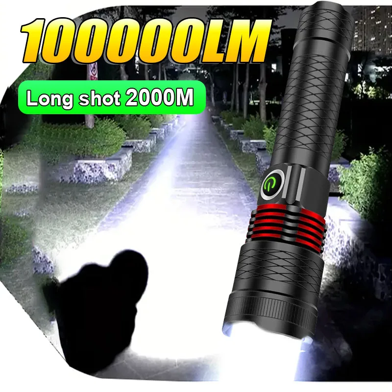 100000LM LED Handheld Flashlight Ultra-Bright Torch 2000mAh Rechargeable Battery Powerful Flash Light Zoomable Tactical Lantern