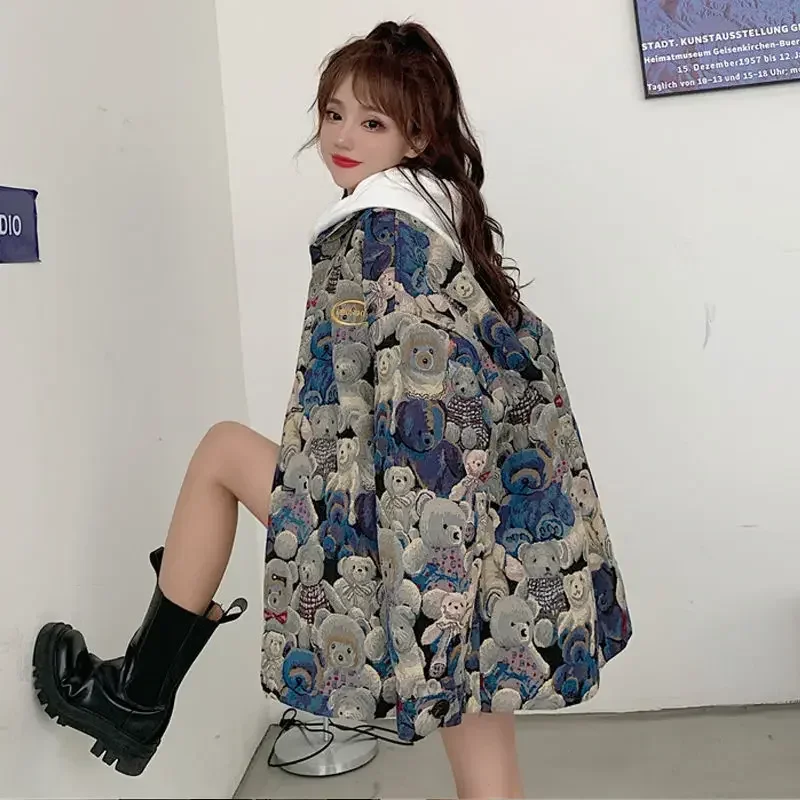 2025 Vintage Bear Print Shirts Jacket Women Spring Autumn New Long Sleeve Blouse Korean Style Loose Button Down Shirt for Woman