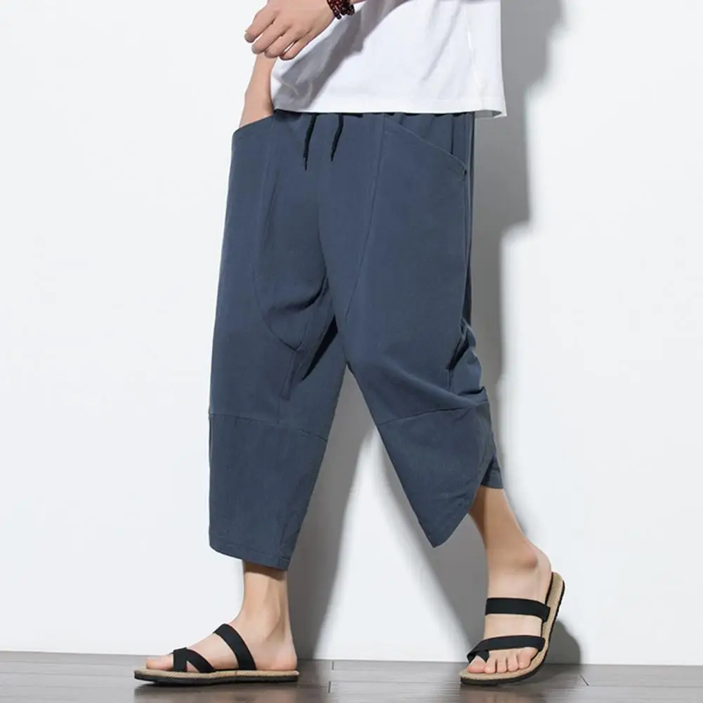 Men Wide Leg Cotton Linen Pants Harajuku Summer Loose Calf Length Harem Trousers Irregular Hem Men Trousers Sports Sweatpants