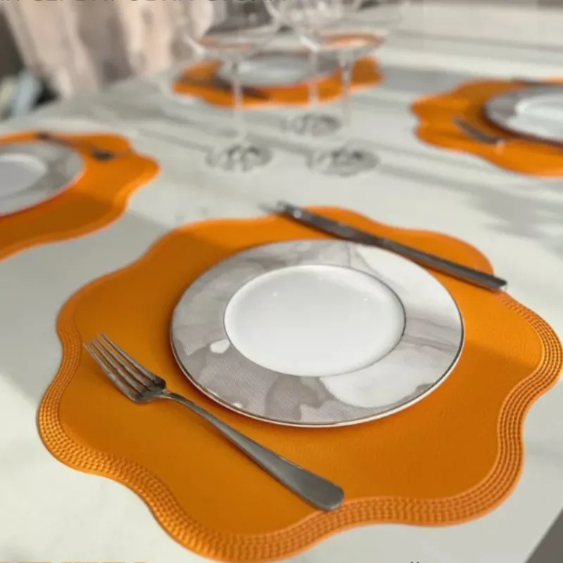 Orange Flower Shaped PU Faux Leather Table Mats Round Placemats Set for Dining Tables - Gift Idea - Set of 1/4/10