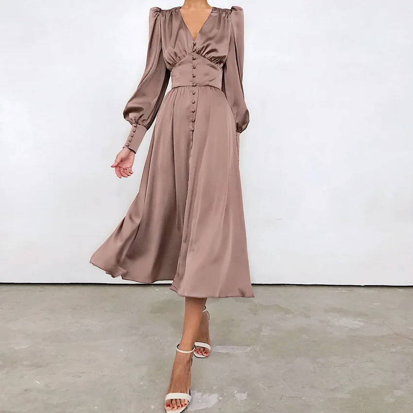 Women Dress Temperament Slim V Neck 2024 Spring New Satin Dress Girl Fashion Design Sense Lantern Sleeve Solid Color Dress