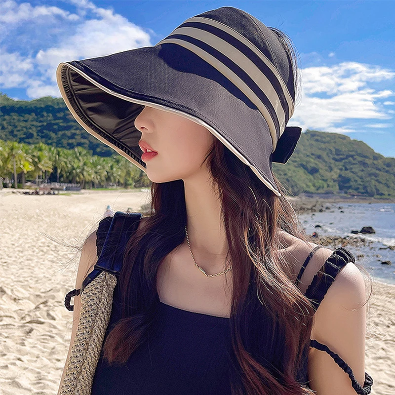 

UPF50+ Vinyl Sun Hat Stripe Woman Wide Brim UV Protection Foldable Casual Sunhat Summer Outdoor Beach Lady Sunscreen Bucket Cap