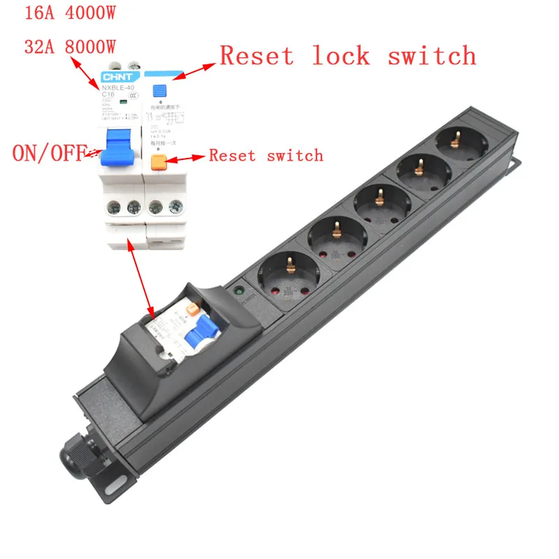 Imagem -03 - Interruptor sem Fio do Disjuntor do Curto-circuito Pdu Tira do Poder Proteção de Circuito 16a 32a 4000w 8000w ue Output Socket