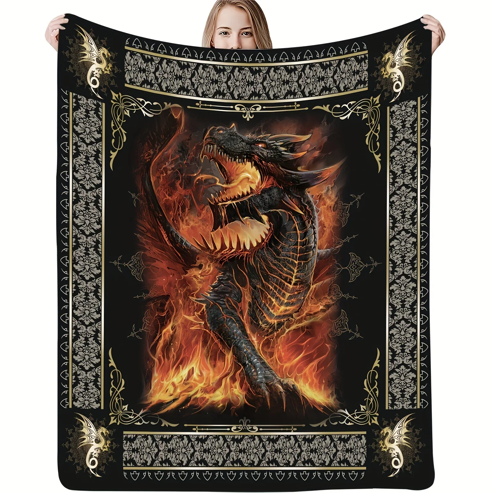 1pc Gothic Flying Dragon Printed Flannel Blanket, Gift Square Blanket Is Soft And Comfortable, Suitable For Boys Girls And Adult