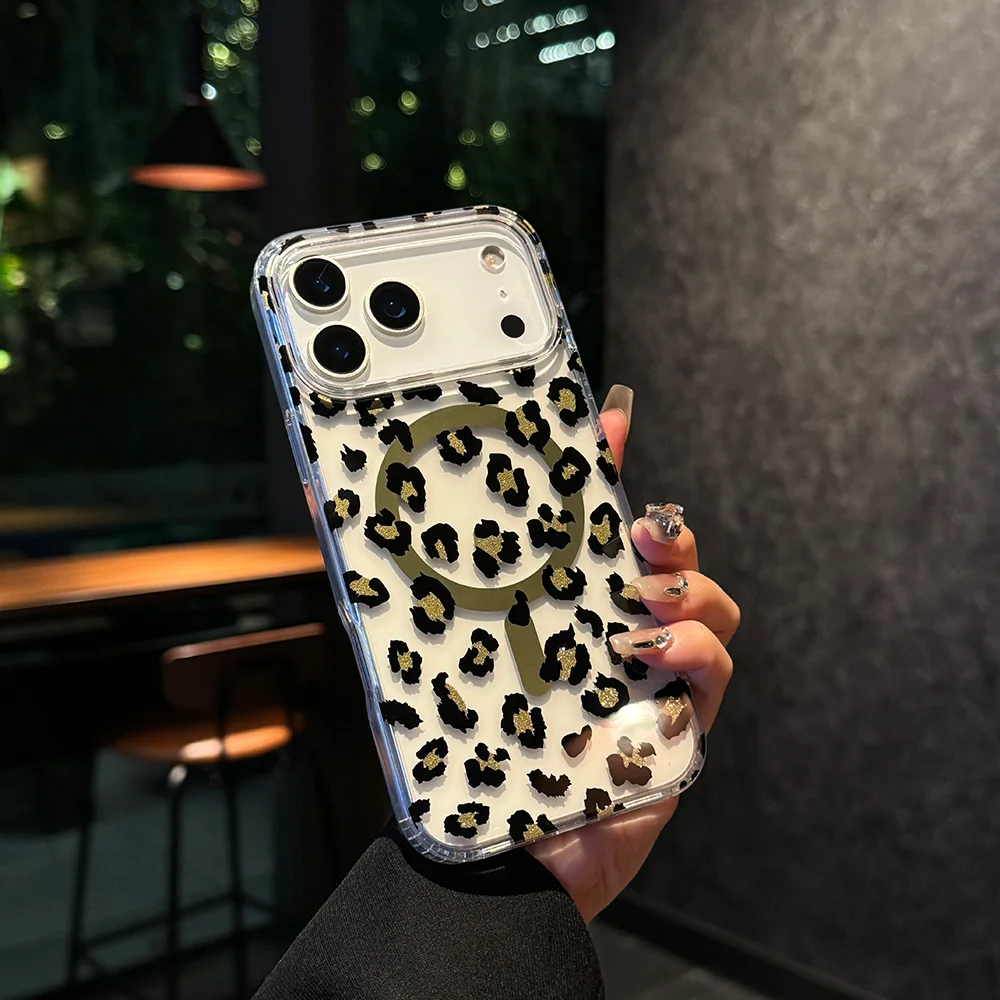 iPhone 11/12/13/14/15/16/17シリーズ対応 透明レオパード柄 マグネット式保護ケース 防水 耐衝撃 PC+TPU