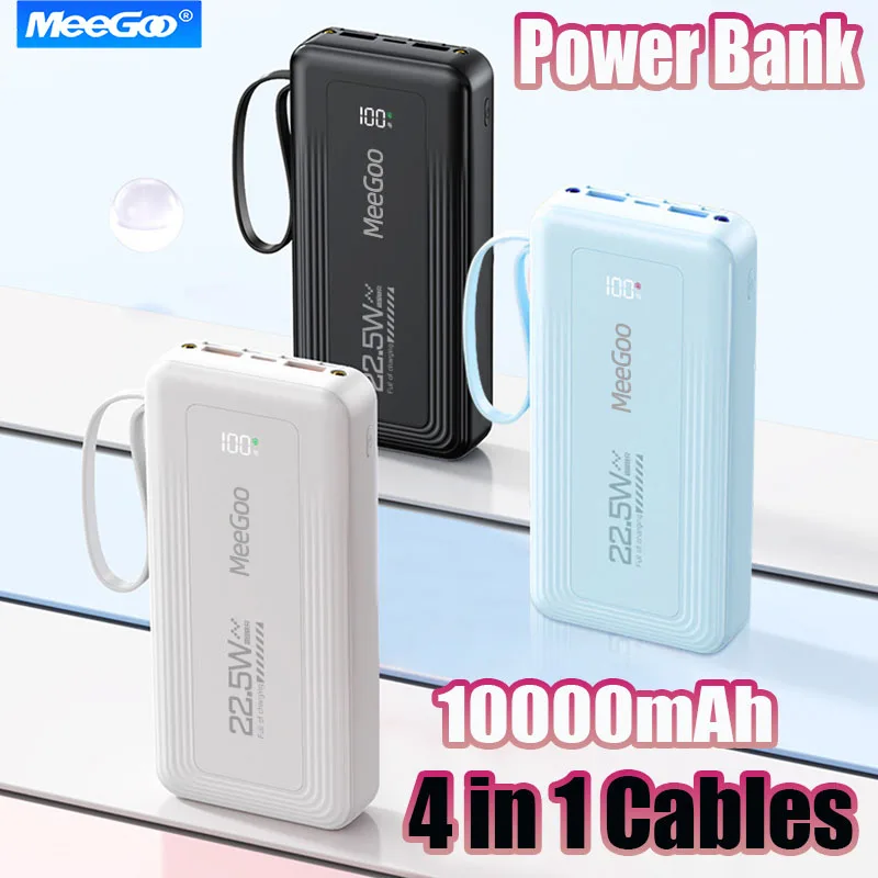 

Портативный внешний аккумулятор MeeGoo 10000 мАч для Xiaomi iPhone Samsung, 22,5 Вт, сверхбыстрая зарядка для встроенных 4 кабеля, портативный цифровой