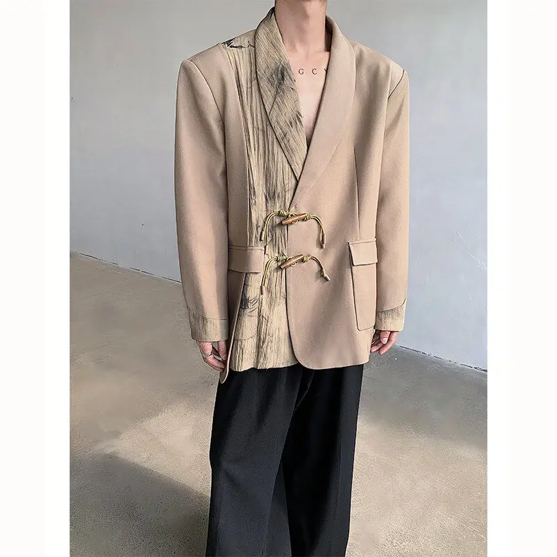 Retro Chinese Style Deconstructed Patchwork Shoulder Pad Suit Jacket for Men And Women with Buckle Western Style Spring Leisu...