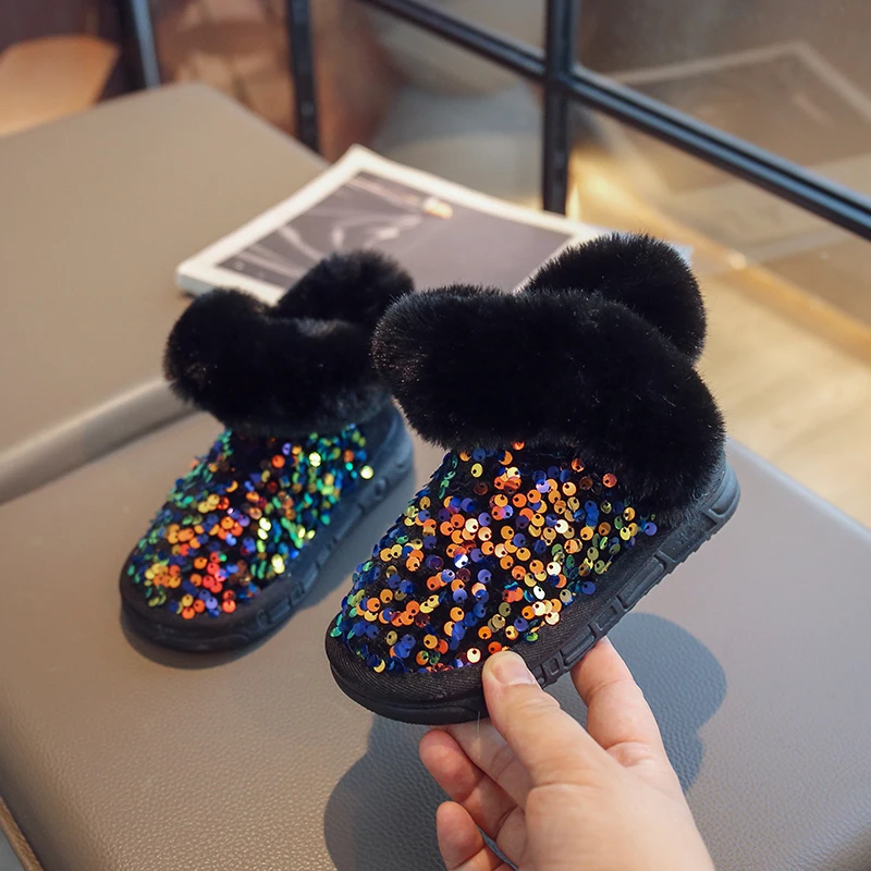 Little Kid Sequins Snow Boots Girl Soft Plush Slip On Shoes 2022 Winter Baby Child Warm Outside Walk Skiing Boot 23-36