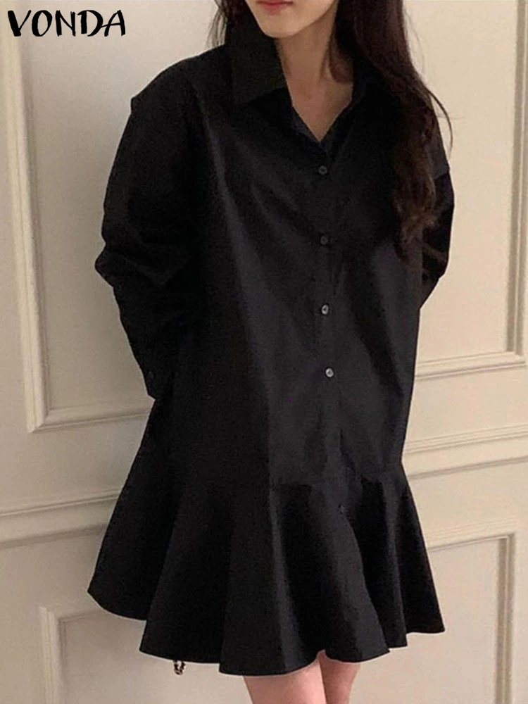 VONDA femmes chemise longue robes automne à manches longues couleur unie Robe boutons décontracté Mini Robe d'été 2025 revers ample à volants Robe