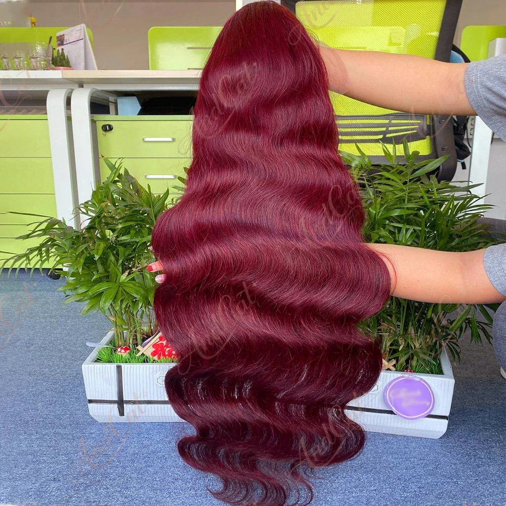 

36-дюймовые парики из натуральных волос 99J Burgundy с кружевной передней частью, предварительно выщипанные, с эффектом Body Wave, 13X6 13X4 HD кружевные парики из 100% натуральных волос, плотность 200%