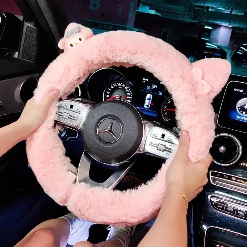Чехол на руль автомобиля Sanrio, плюшевый противоскользящий сохраняющий тепло Cinnamoroll My Melody, мультяшное украшение автомобиля, аксессуары, подарок