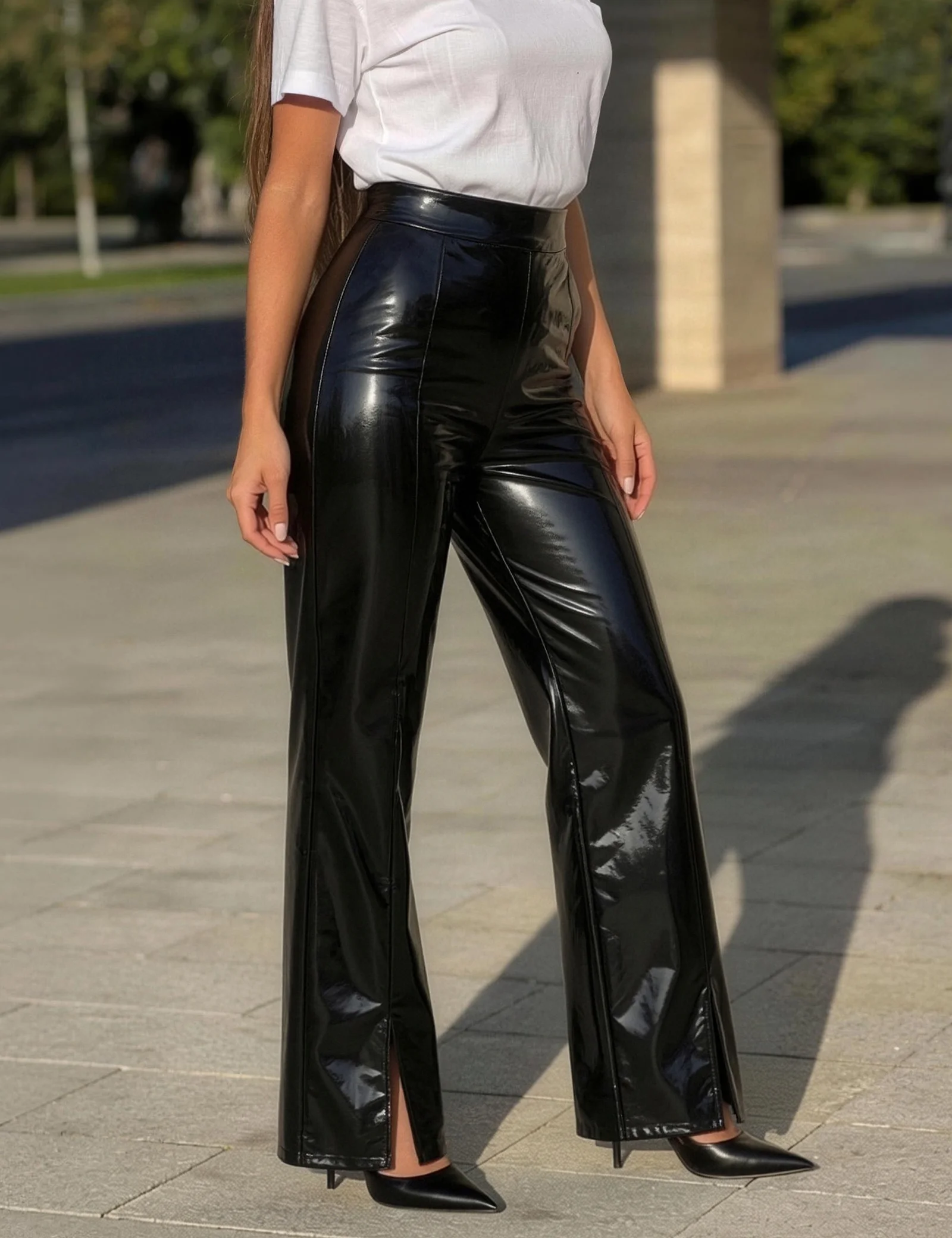 Women High Waist Faux Leather Wide Leg Pants Stretch Loose Trousers Hem Split Office Lady PU Leather Pants Support Custom