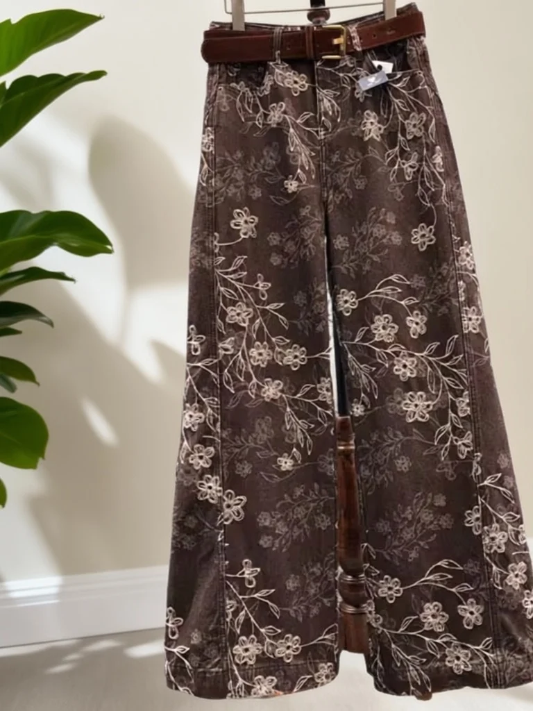 

High Waist Slimming Floral Print Wide Leg Jeans Knife Casual Sle Multi ket Waed Fabric Spring Collection