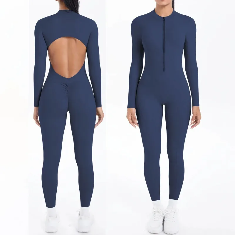 

Solid Color Bodysuits for Woman's Backless Long Sleeved Zipper Yoga Jumpsuits High Dtrength Workout Sports Fitness Clothing Set