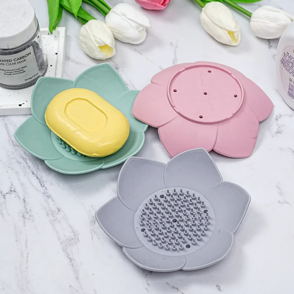 

1pcs Bathroom Soap Box Lotus Design Soap Holder Silicone Non-slip Portable Soap Box Drain Box Bathroom Accessories
