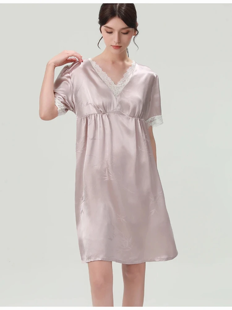 

19MM Natural Heavy Silk Princess Pajamas Sleep Dress Jacquard 100% Mulberry Silk Women Summer Nightdress Short Sleeve Nightgown