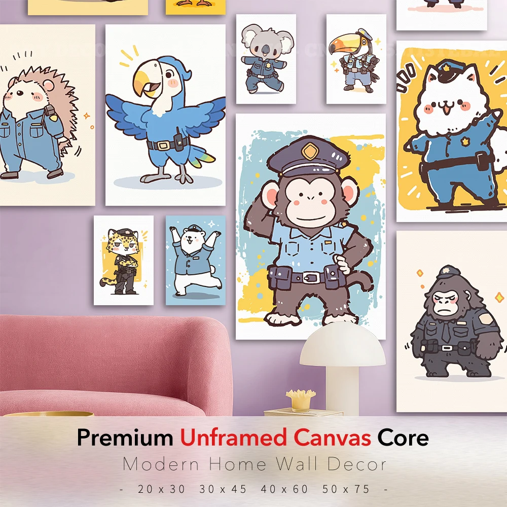Cute Cartoon Animal Police Unframed Canvas Poster, Lovely Zoo Cop Character Art Print, Kids Room Wall Picture Home Decor