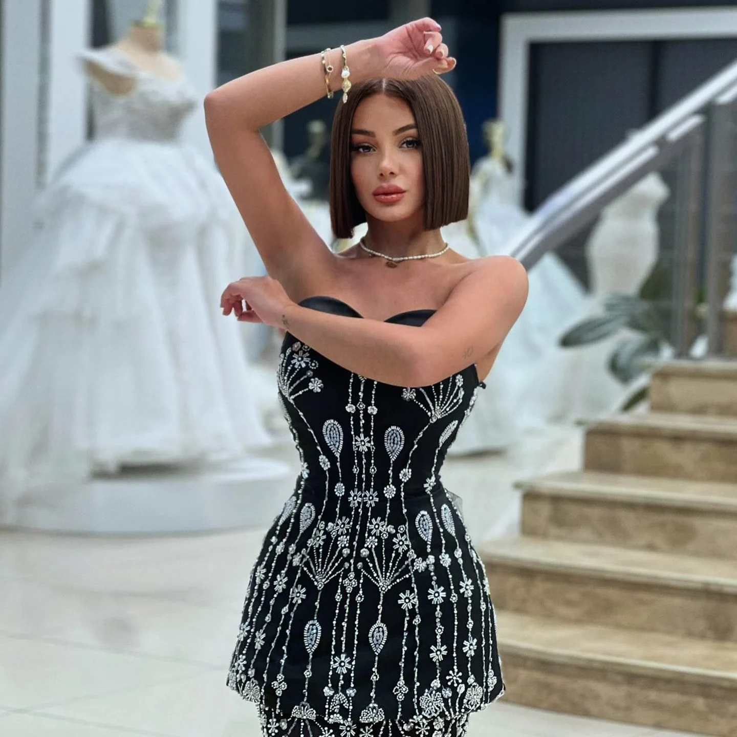 Sharon Said Elegantes Perlenbesetztes Schwarzes Zweiteiliges Sweetheart-Abendkleid für Damen Hochzeitsfeier Sweetheart Lang SS635 Maßanfertigung – Detail 5