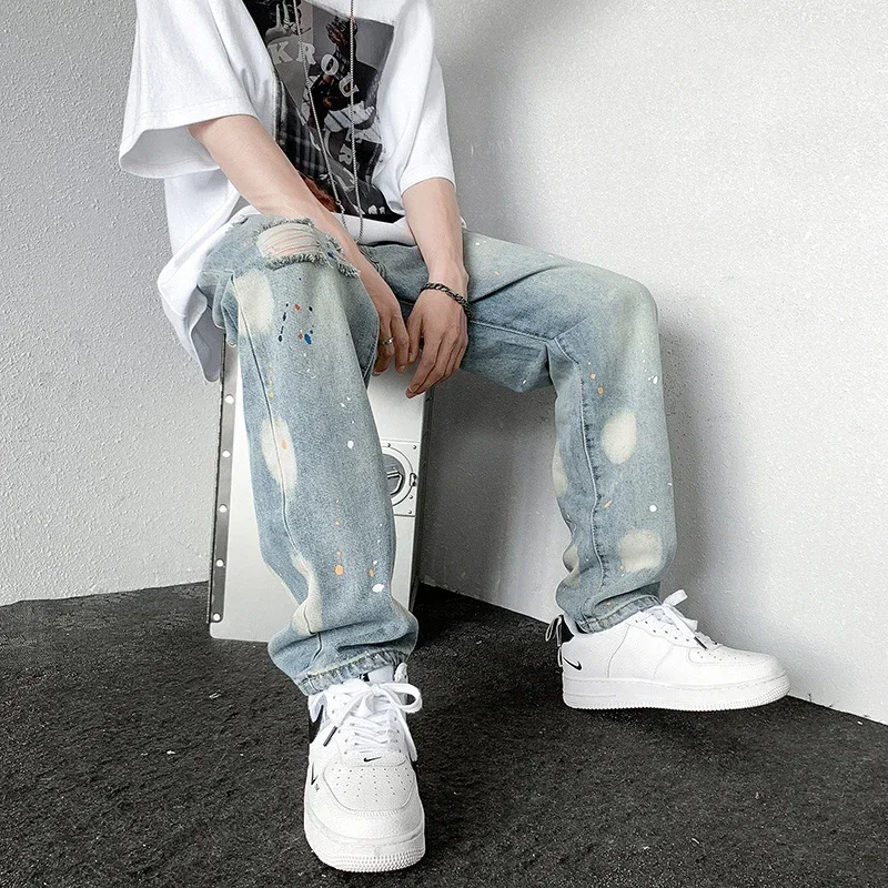 Men\'s Splashing ink Ripped Baggy Jeans 2024 New Hip Hop Fashion Graffiti Holed Straight-leg Denim Pants Y2k Streetwear Jean