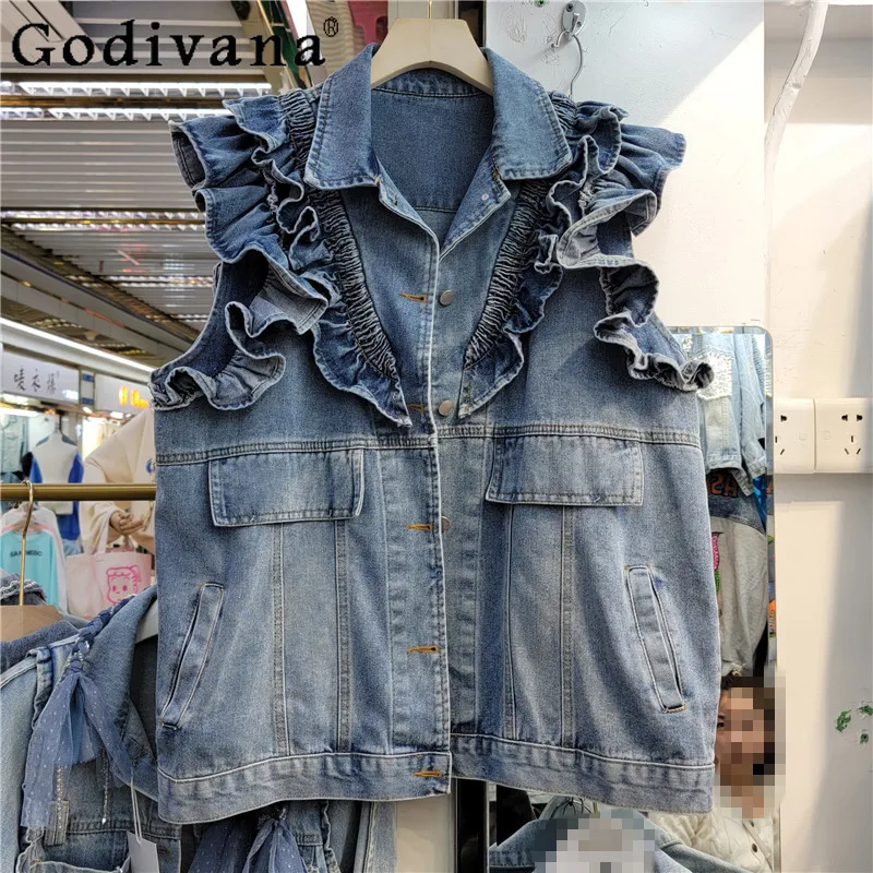 

2025 European Spring new Girl Korean Fashion Loose Chic Denim Vest Blue Sweet Ruffles Turn-down Collar Versatile Sleeveless Top
