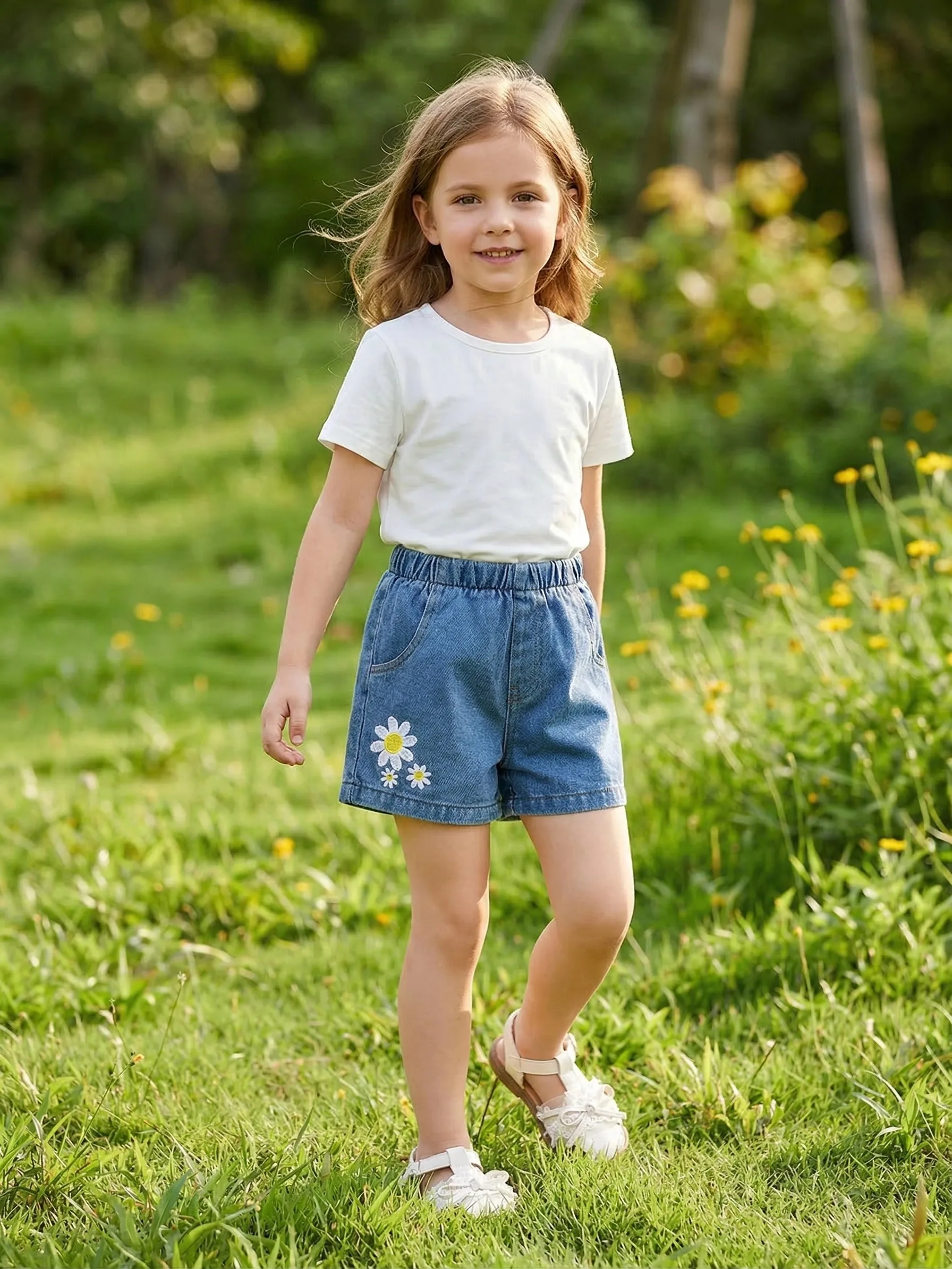 1-peca-de-shorts-jeans-daisy-para-meninas-pequenas-de-verao-1-4-anos--bordado-de-margaridas-cintura-elastica-bolsos-laterais--denim-lavado
