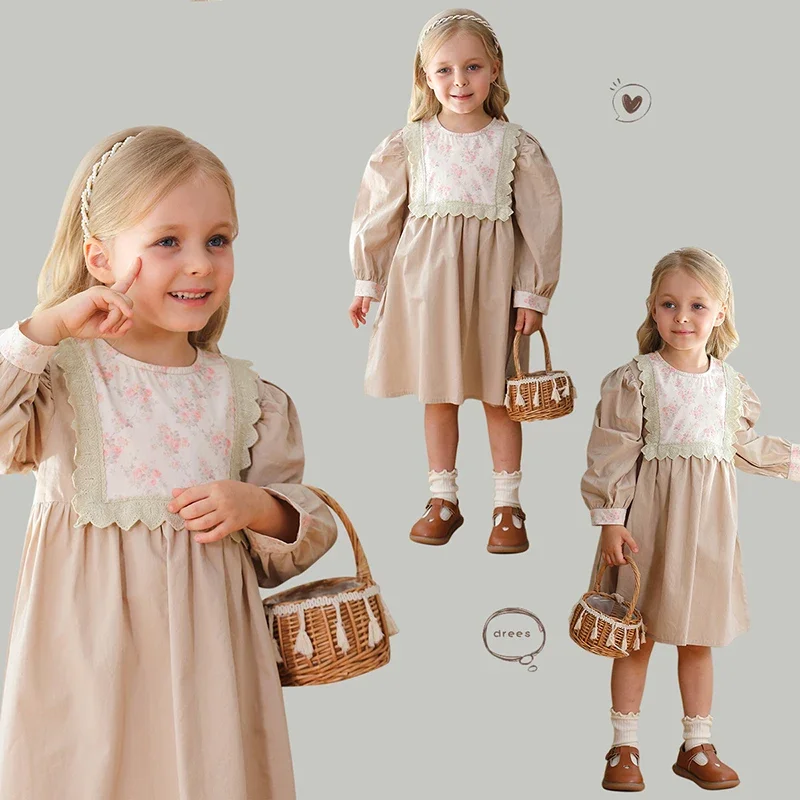 1–7 Jahre Kinderkleid, Frühling 2022, Mädchen-Kleid mit Blumenstickerei, Spitzenkragen, Baumwolle,