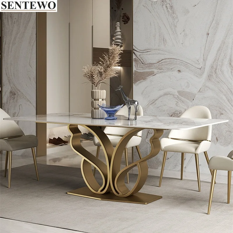 Luxury Rock Slab Dining Room Table 4 Chair Set Stainless Steel Gold Frame Faux Marble Table Furniture Mesa De Comedor Y Sillas